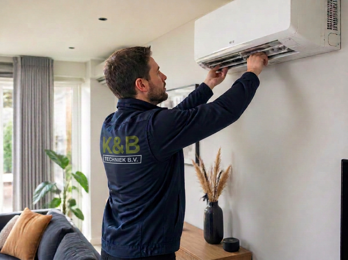 Monteur van K&B Techniek installeert een airconditioning in een woonkamer