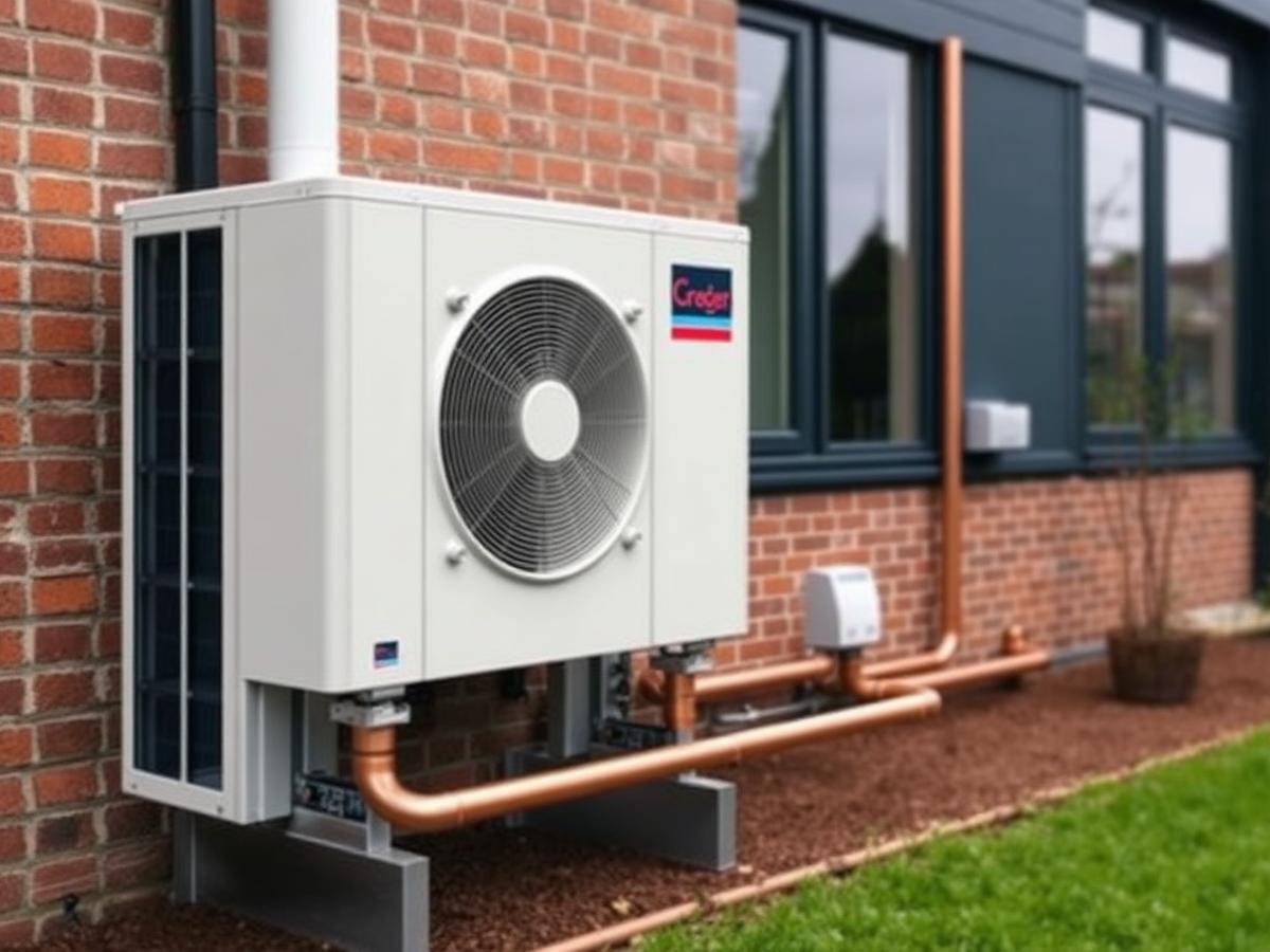 Warmtepomp met net aangelegd leidingwerk tegen een woning
